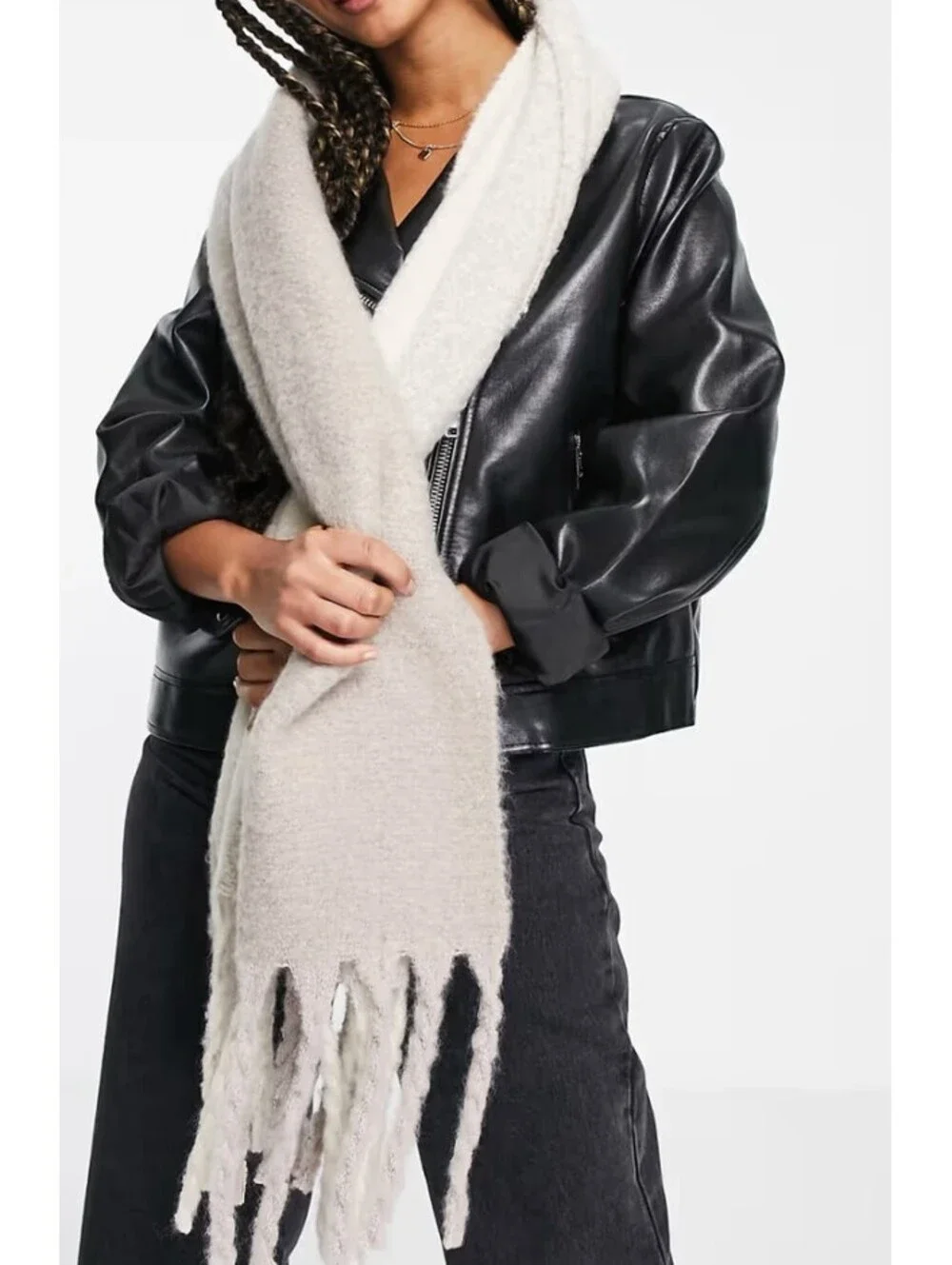 ASOS DESIGN Beige Two Tone Fluffy Tassel Scarf Oversized Winter Wrap One Size